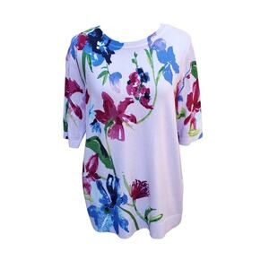 Chico's Sz 1 Pullover Sweater Lavender Skies Short Sleeve Floral Chicos M